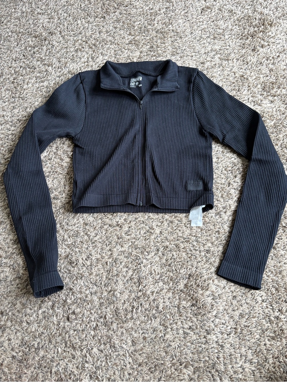 Sommer Ray Women’s‎ Black Ribbed Knit Collared Cropped Zip-Up Logo Top S